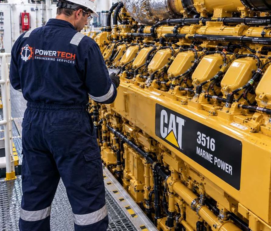 PowerTech engineer inspecting a marine diesel engine
